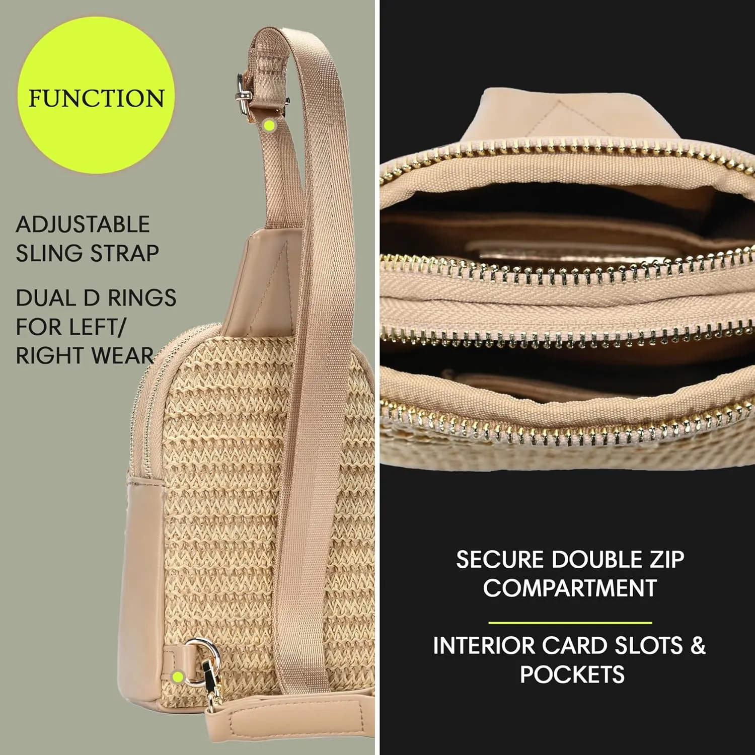 Madison West Nyxx Mini Sling Purse| Crossbody Sling Bag for Women with Adjustable Strap | Vegan Leather, Cork & Straw |