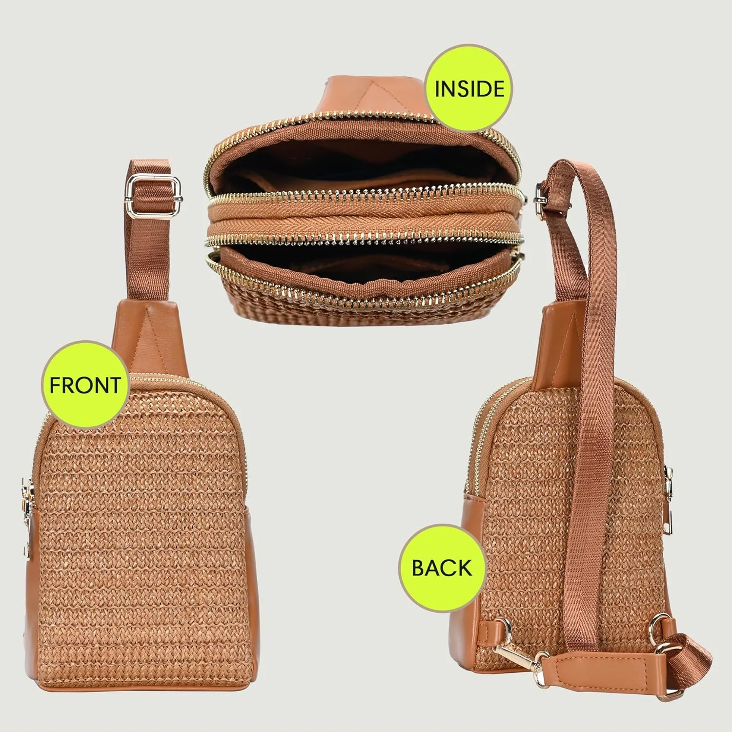 Madison West Nyxx Mini Sling Purse| Crossbody Sling Bag for Women with Adjustable Strap | Vegan Leather, Cork & Straw |
