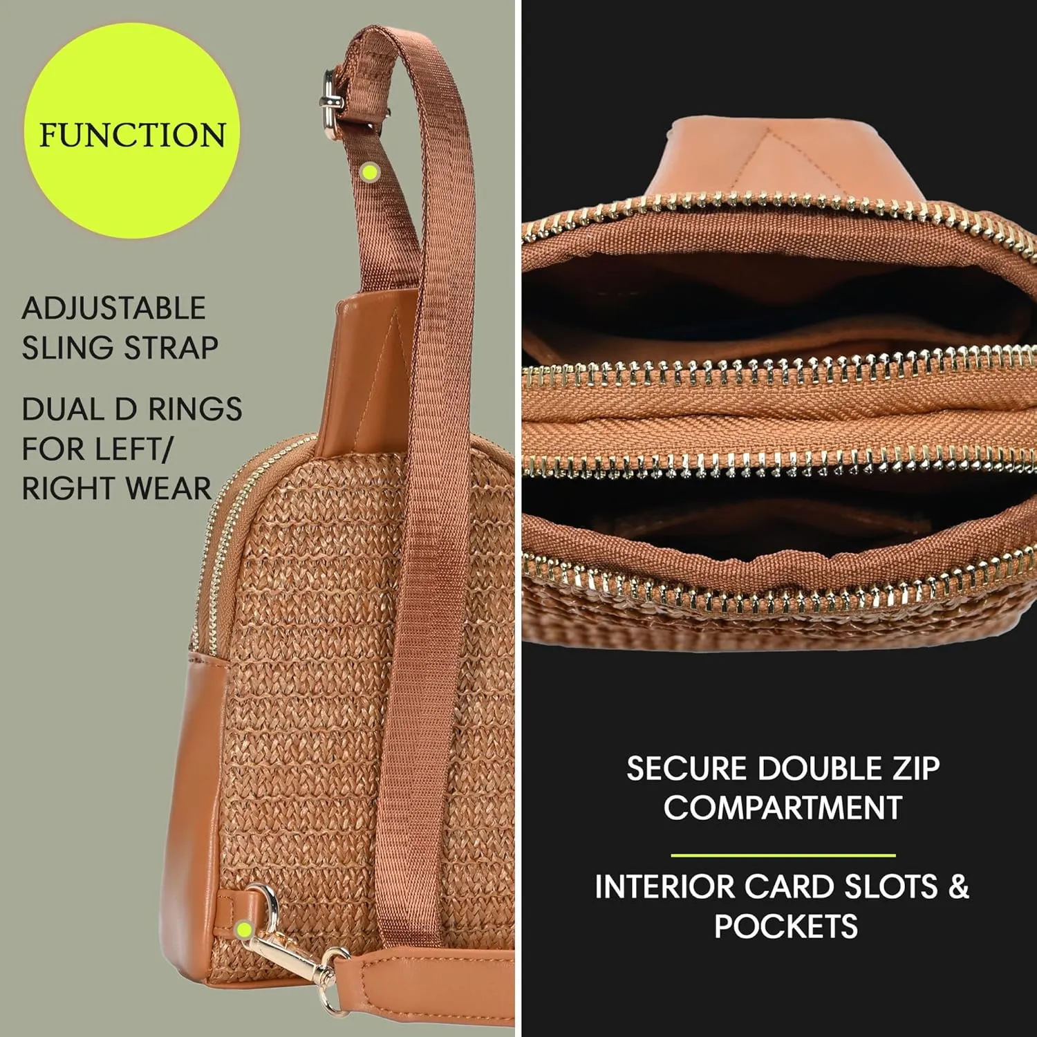 Madison West Nyxx Mini Sling Purse| Crossbody Sling Bag for Women with Adjustable Strap | Vegan Leather, Cork & Straw |