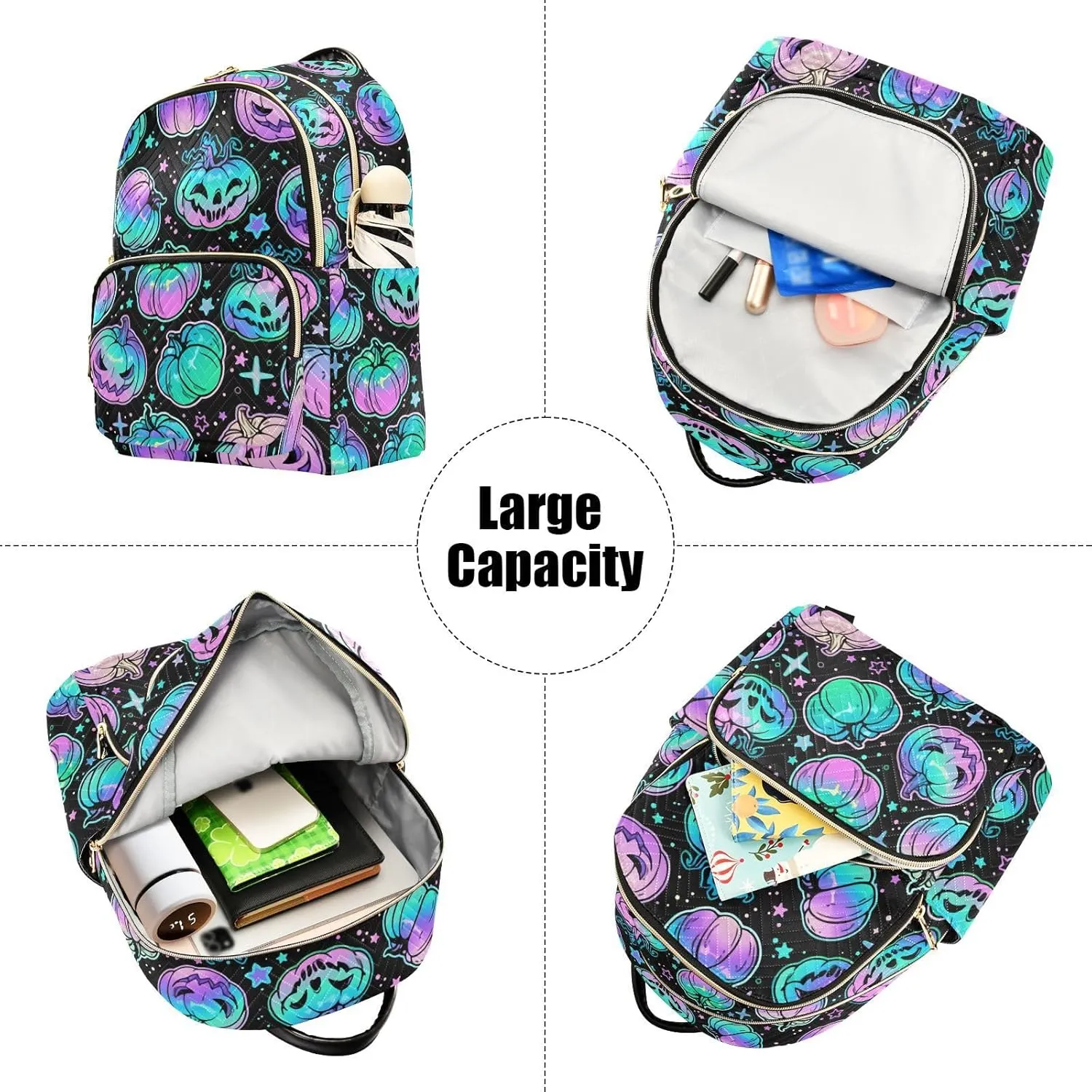 Magic Halloween Pumpkin Mini Backpack Women's Quilted Small Backpack Purse for Women College Fashion Travel Daypack Shoulder Bag