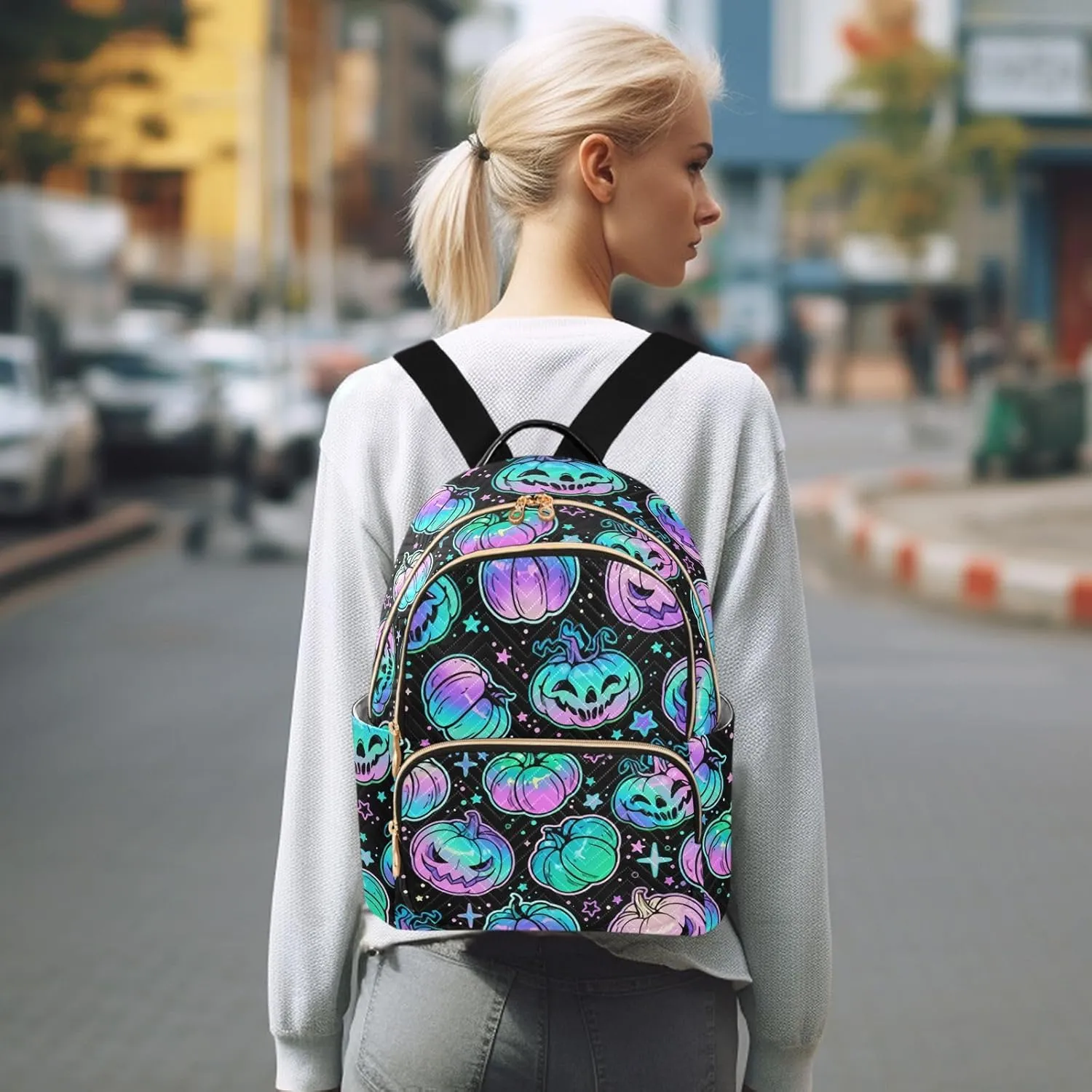Magic Halloween Pumpkin Mini Backpack Women's Quilted Small Backpack Purse for Women College Fashion Travel Daypack Shoulder Bag