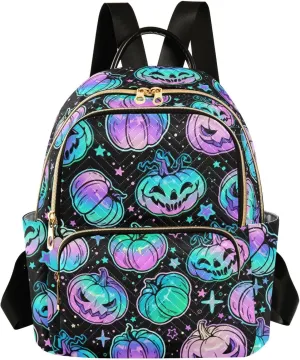 Magic Halloween Pumpkin Mini Backpack Women's Quilted Small Backpack Purse for Women College Fashion Travel Daypack Shoulder Bag