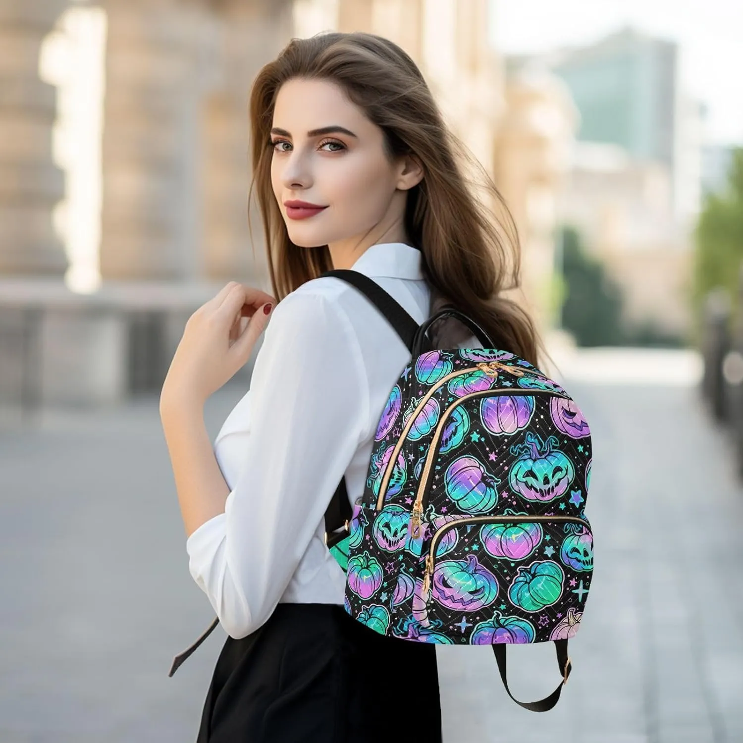 Magic Halloween Pumpkin Mini Backpack Women's Quilted Small Backpack Purse for Women College Fashion Travel Daypack Shoulder Bag