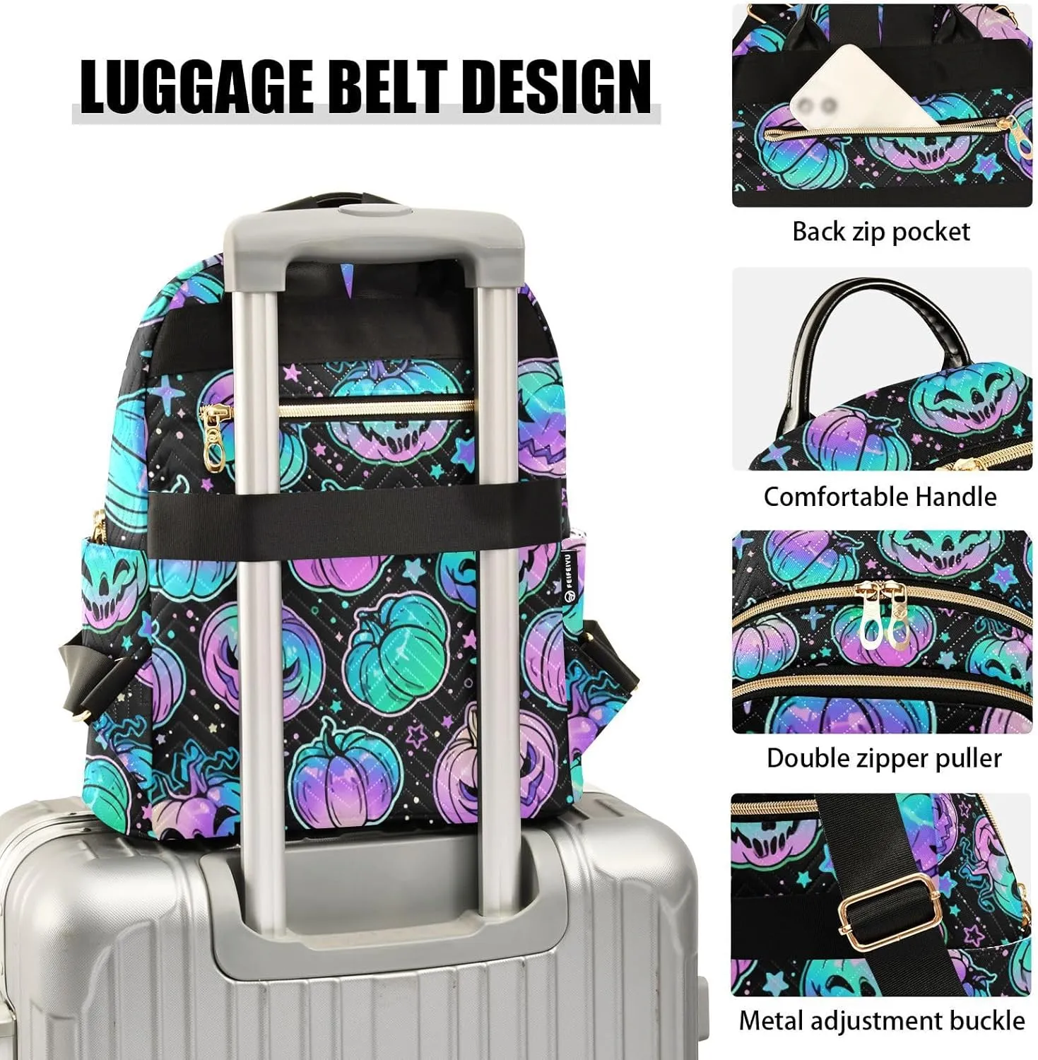 Magic Halloween Pumpkin Mini Backpack Women's Quilted Small Backpack Purse for Women College Fashion Travel Daypack Shoulder Bag