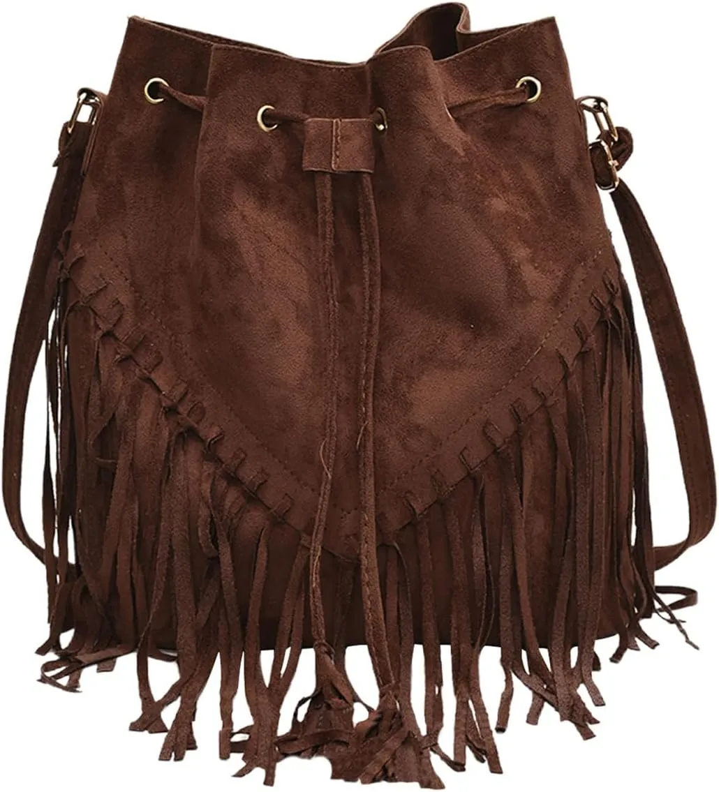 MakeMeChic Women's Fringe Single Strap Shoulder Handbags Suede Drawstring Crossbody Bag