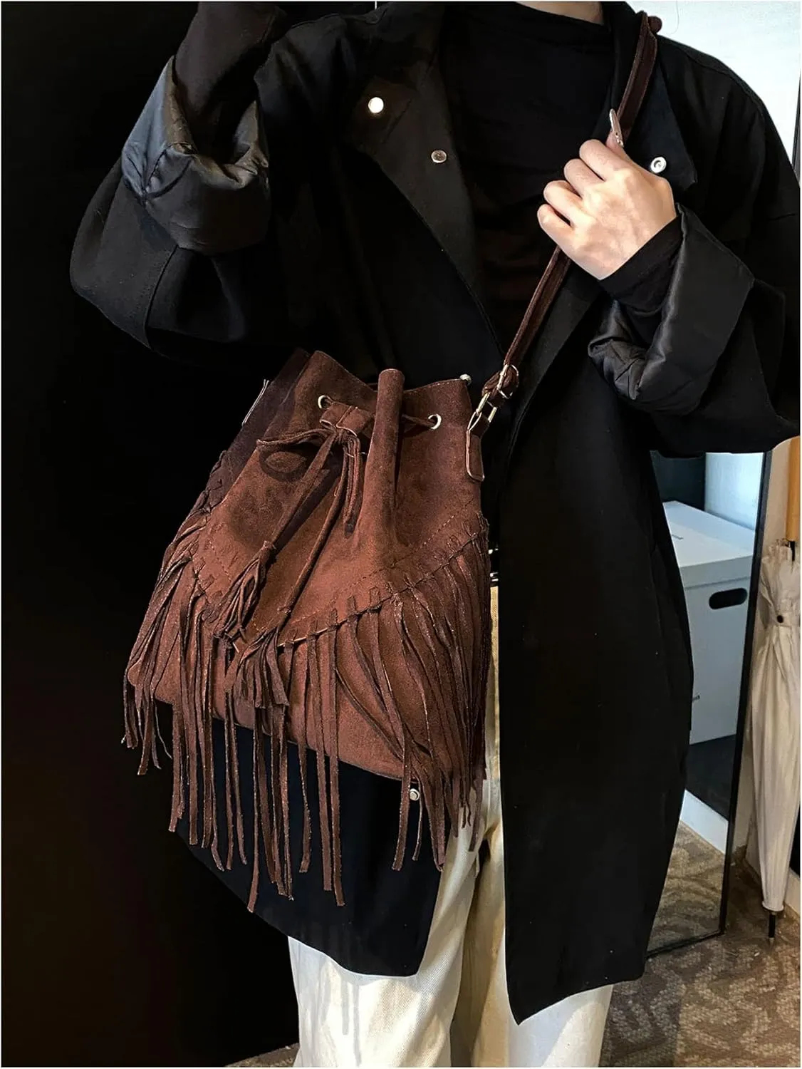 MakeMeChic Women's Fringe Single Strap Shoulder Handbags Suede Drawstring Crossbody Bag