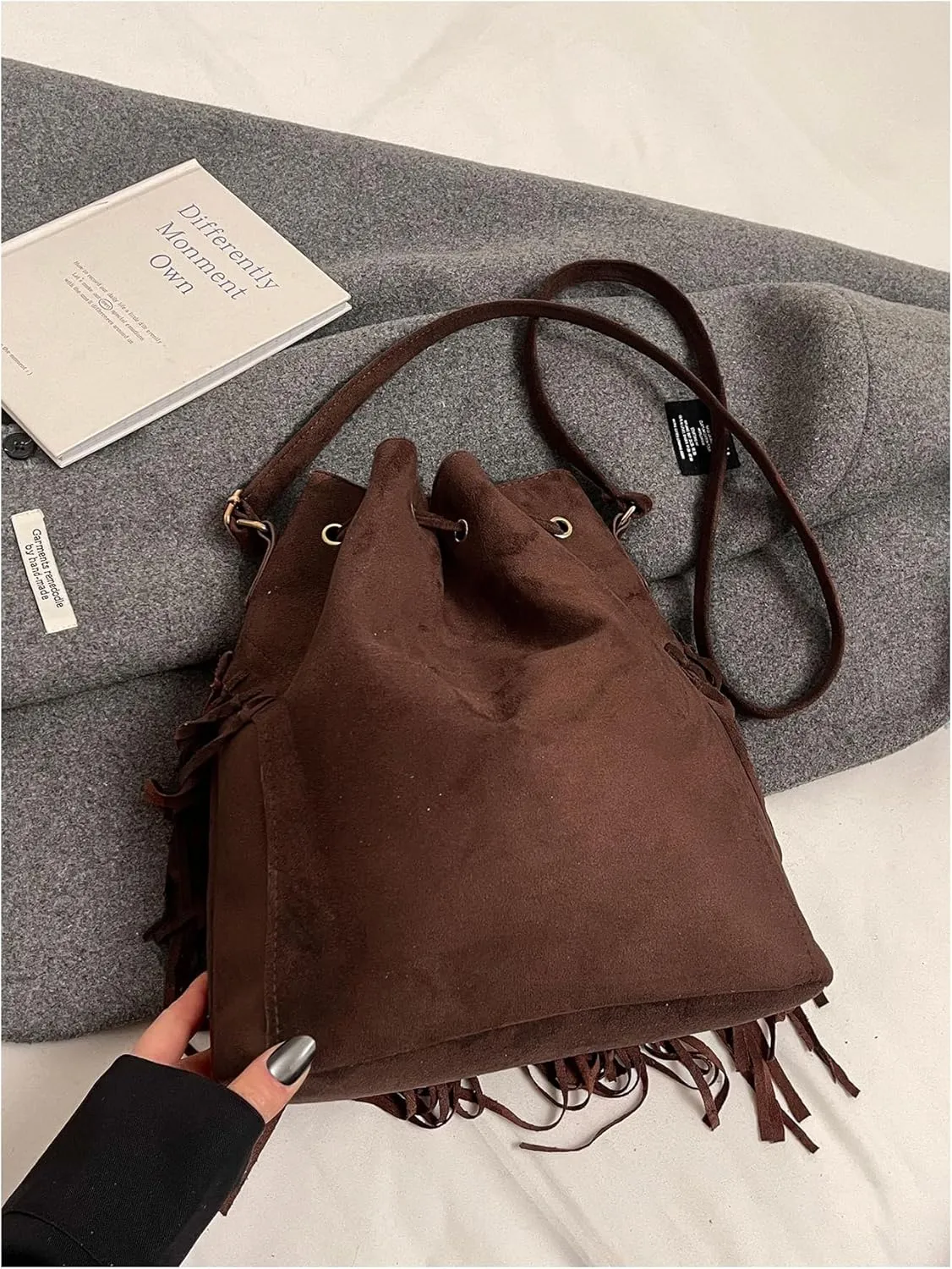 MakeMeChic Women's Fringe Single Strap Shoulder Handbags Suede Drawstring Crossbody Bag