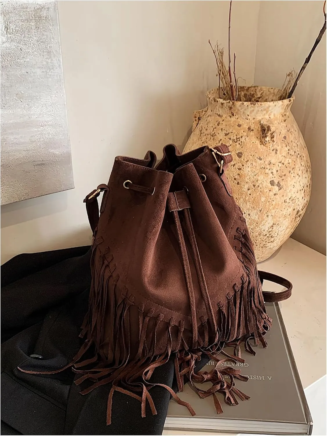MakeMeChic Women's Fringe Single Strap Shoulder Handbags Suede Drawstring Crossbody Bag