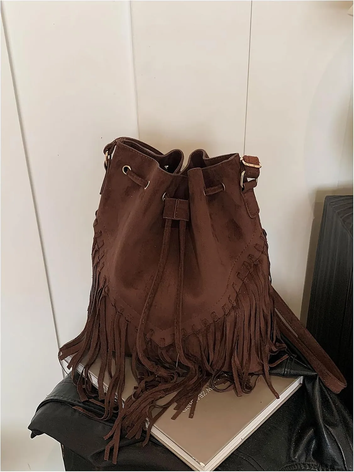MakeMeChic Women's Fringe Single Strap Shoulder Handbags Suede Drawstring Crossbody Bag