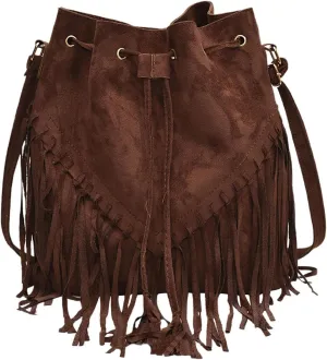 MakeMeChic Women's Fringe Single Strap Shoulder Handbags Suede Drawstring Crossbody Bag