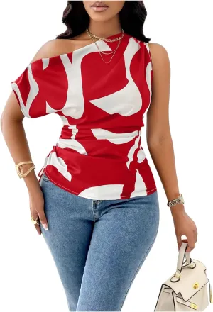 MakeMeChic Women's Graphic Print Asymmetrical Neck Ruched Tie Side Blouse Summer Shirt