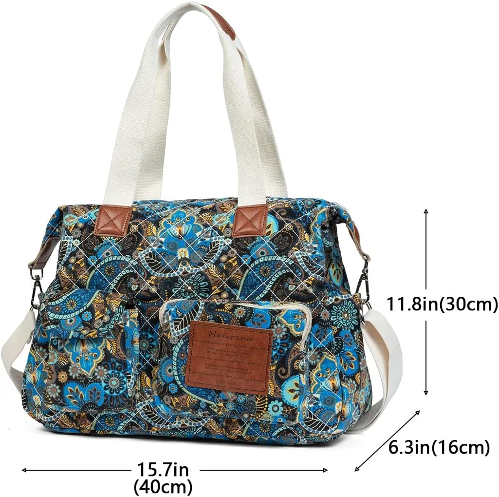 Malirona Women's Floral Canvas Messenger Bag Multi Pockets Shoulder Handbag Large Hobo Crossbody Fashion Top Handle Satchel