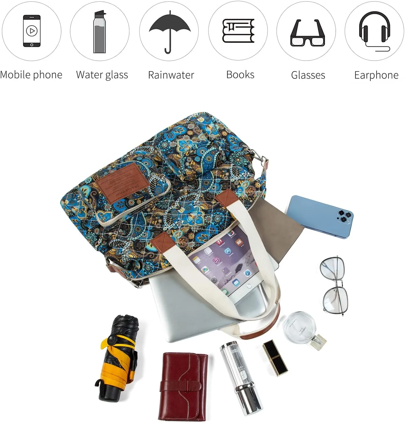 Malirona Women's Floral Canvas Messenger Bag Multi Pockets Shoulder Handbag Large Hobo Crossbody Fashion Top Handle Satchel