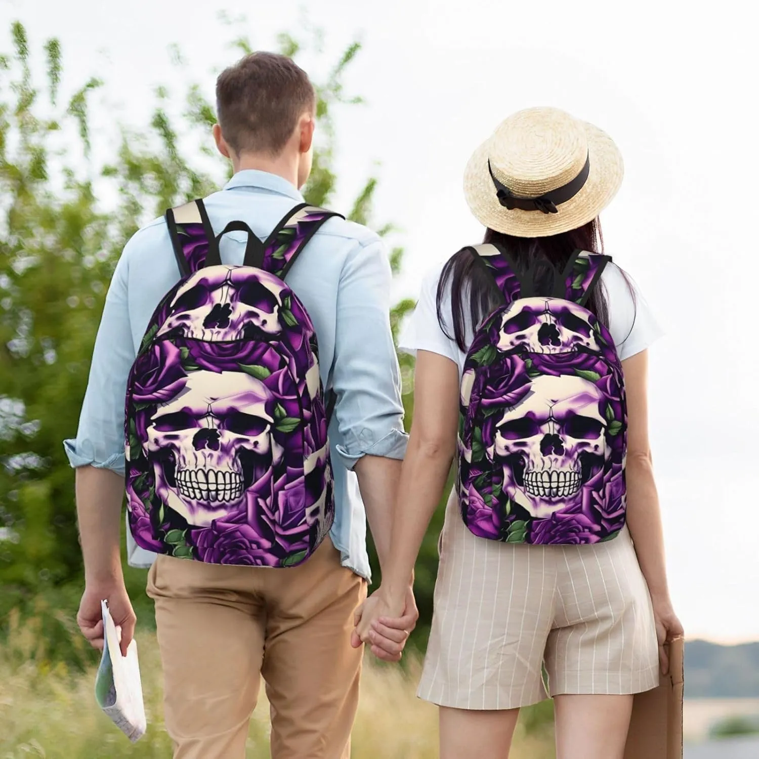 Many Purple Rose Skull Print Laptop Backpack For Women Travel Canvas Bookbag For Men Outdoor Fashion Casual Daypack