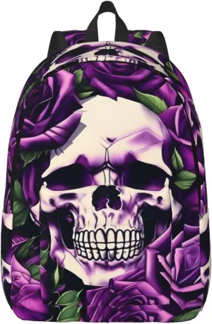 Many Purple Rose Skull Print Laptop Backpack For Women Travel Canvas Bookbag For Men Outdoor Fashion Casual Daypack