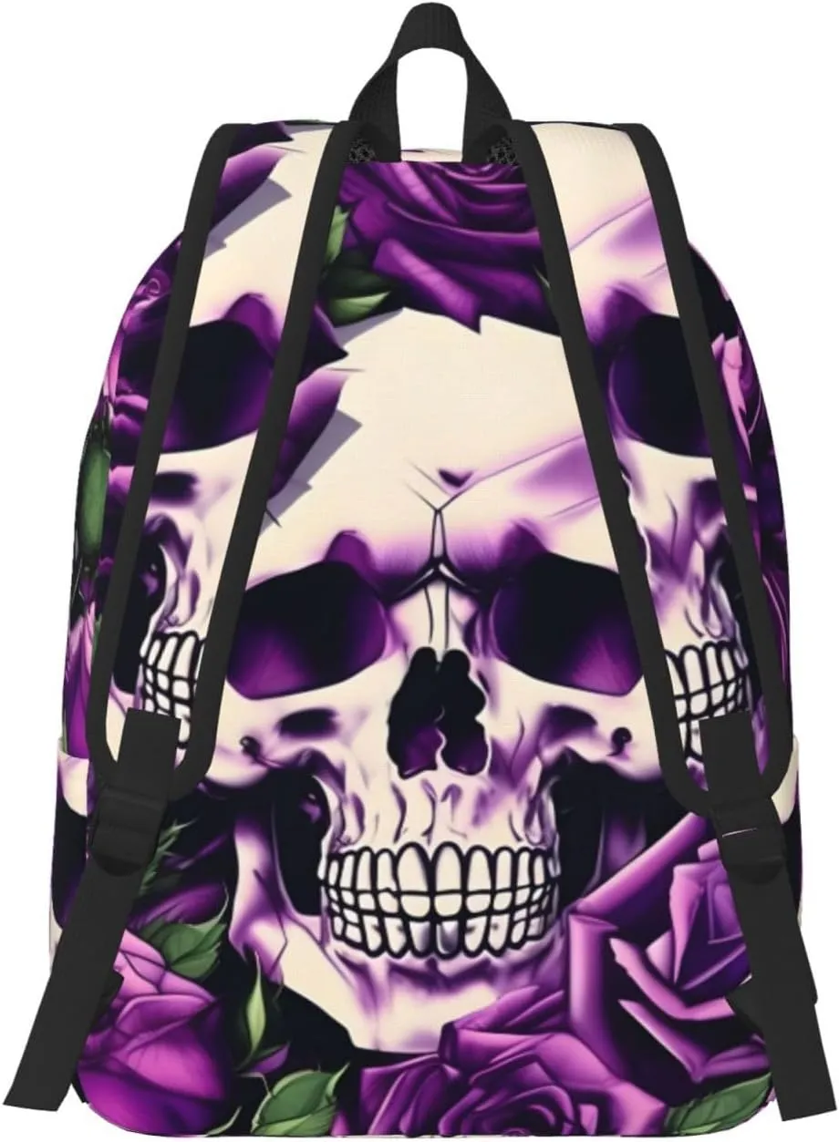 Many Purple Rose Skull Print Laptop Backpack For Women Travel Canvas Bookbag For Men Outdoor Fashion Casual Daypack