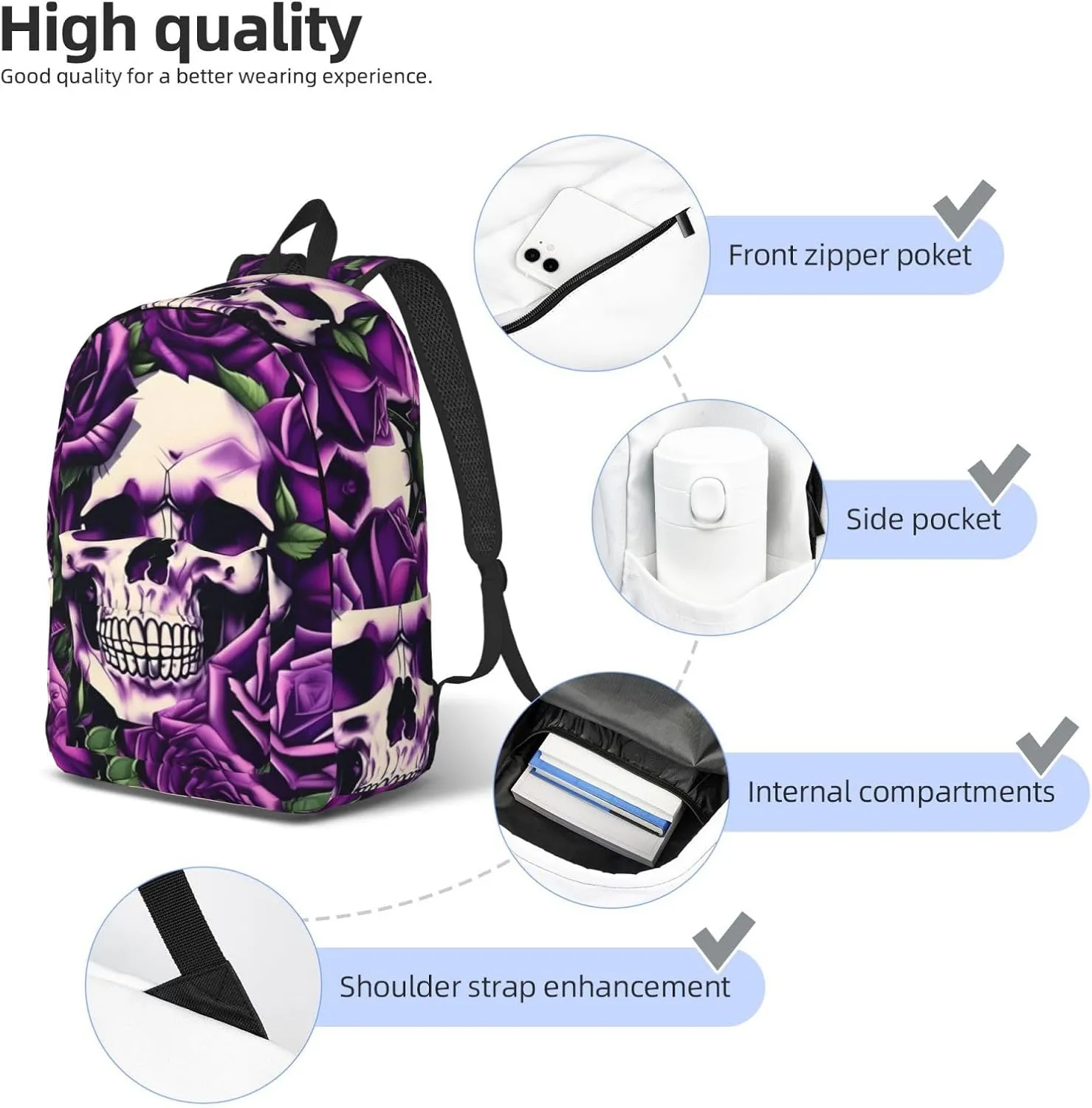 Many Purple Rose Skull Print Laptop Backpack For Women Travel Canvas Bookbag For Men Outdoor Fashion Casual Daypack