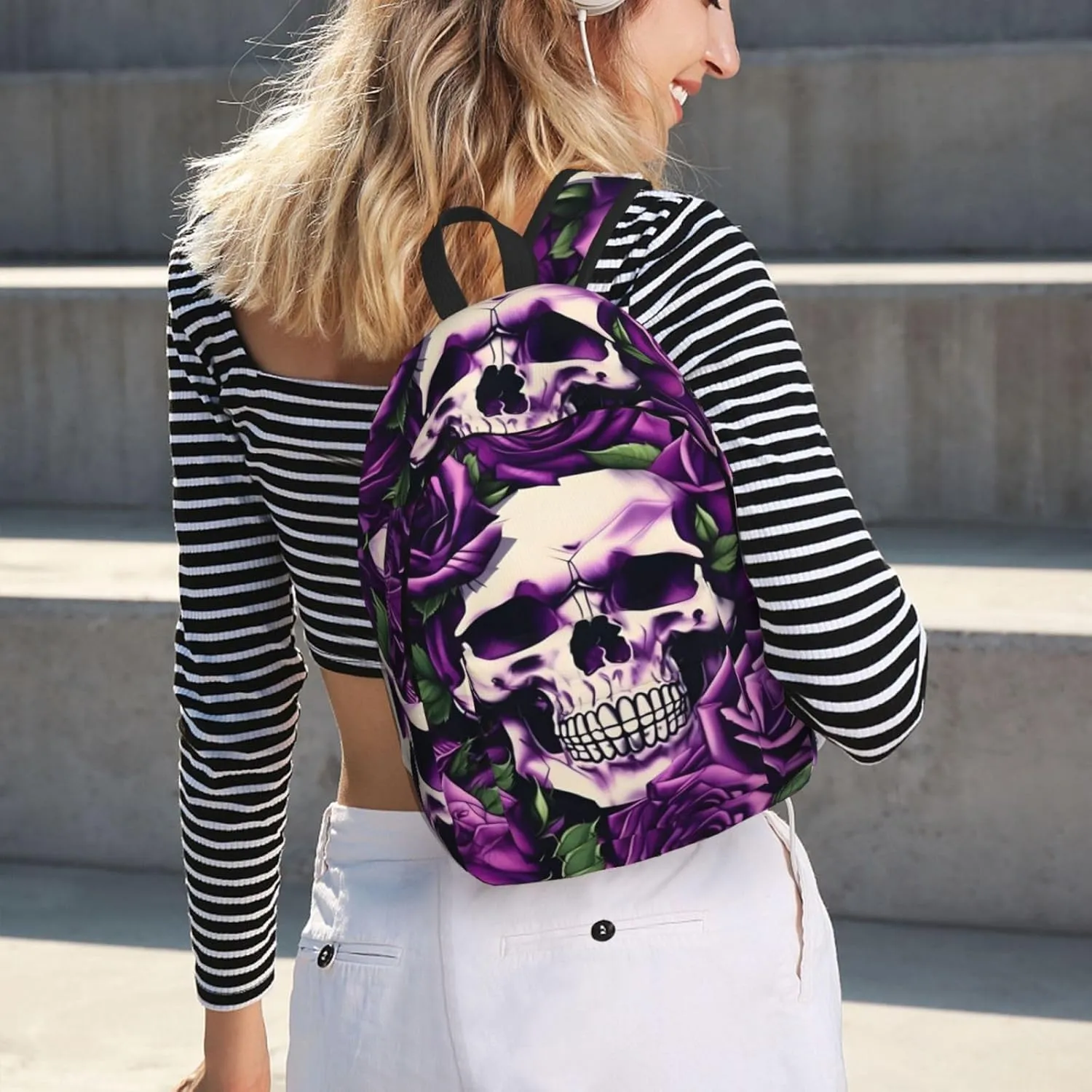 Many Purple Rose Skull Print Laptop Backpack For Women Travel Canvas Bookbag For Men Outdoor Fashion Casual Daypack