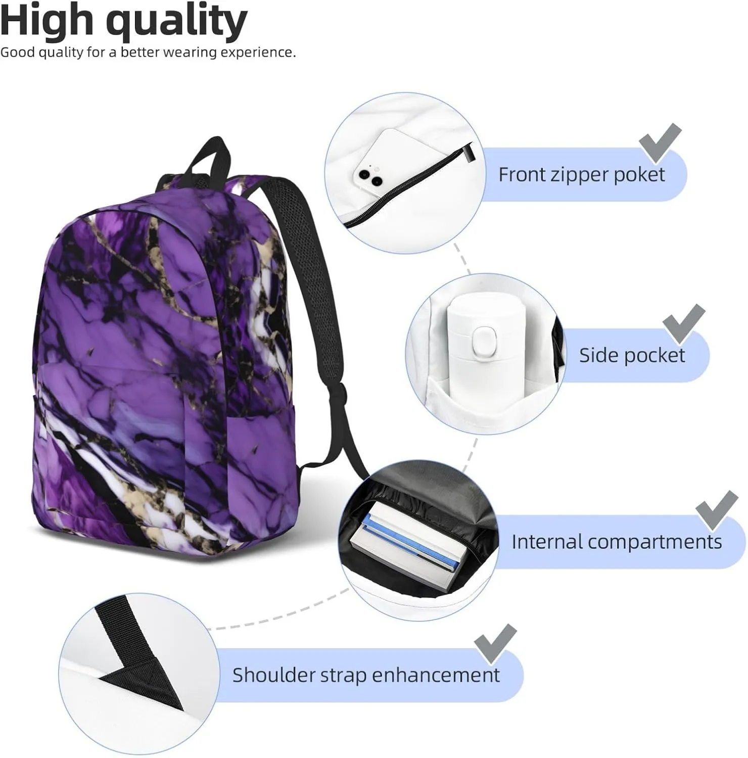 Marble Purple Print Laptop Backpack For Women Travel Canvas Bookbag For Men Outdoor Fashion Casual Daypack