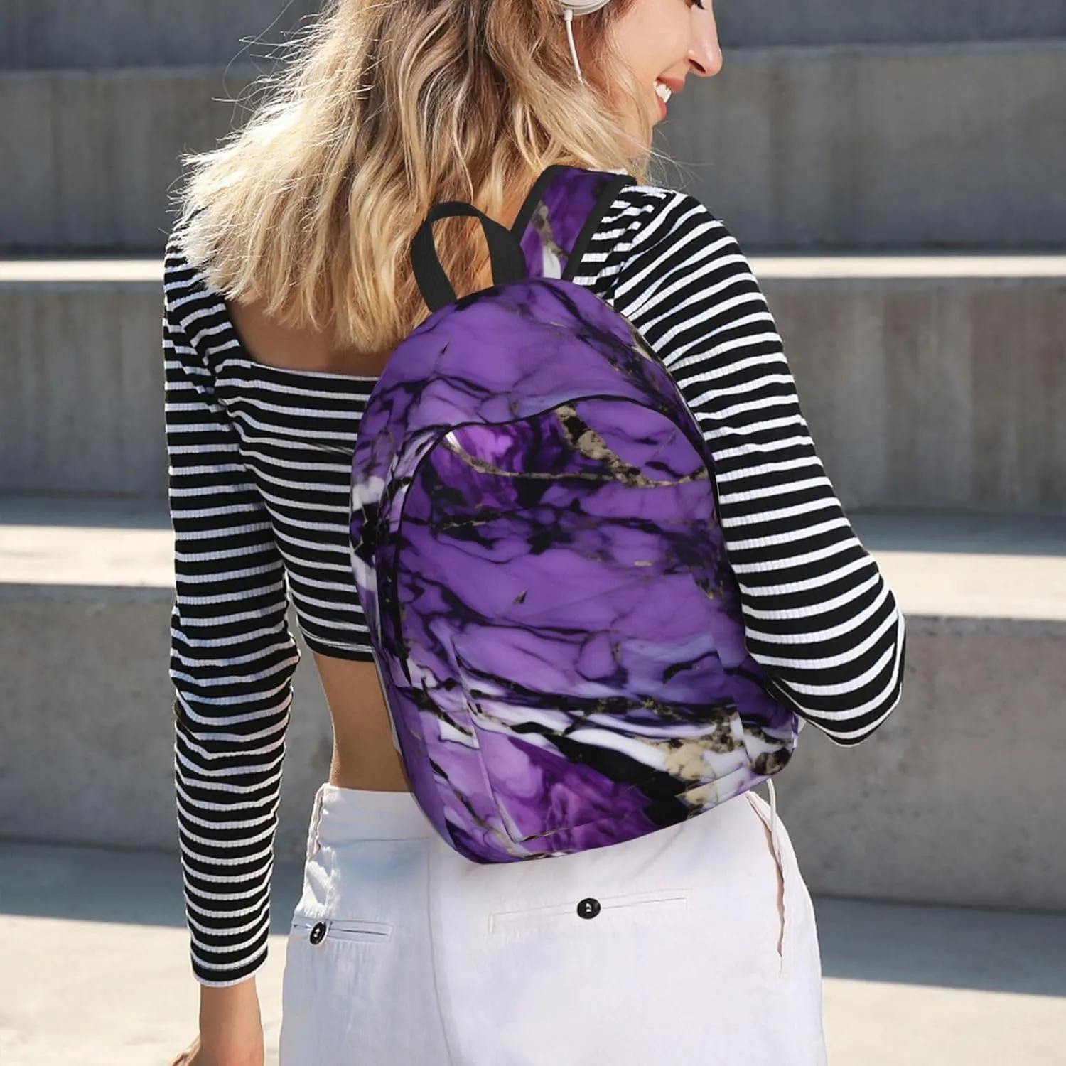 Marble Purple Print Laptop Backpack For Women Travel Canvas Bookbag For Men Outdoor Fashion Casual Daypack