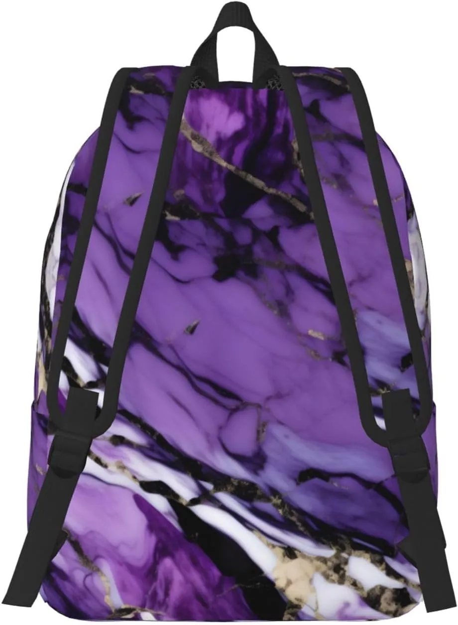 Marble Purple Print Laptop Backpack For Women Travel Canvas Bookbag For Men Outdoor Fashion Casual Daypack