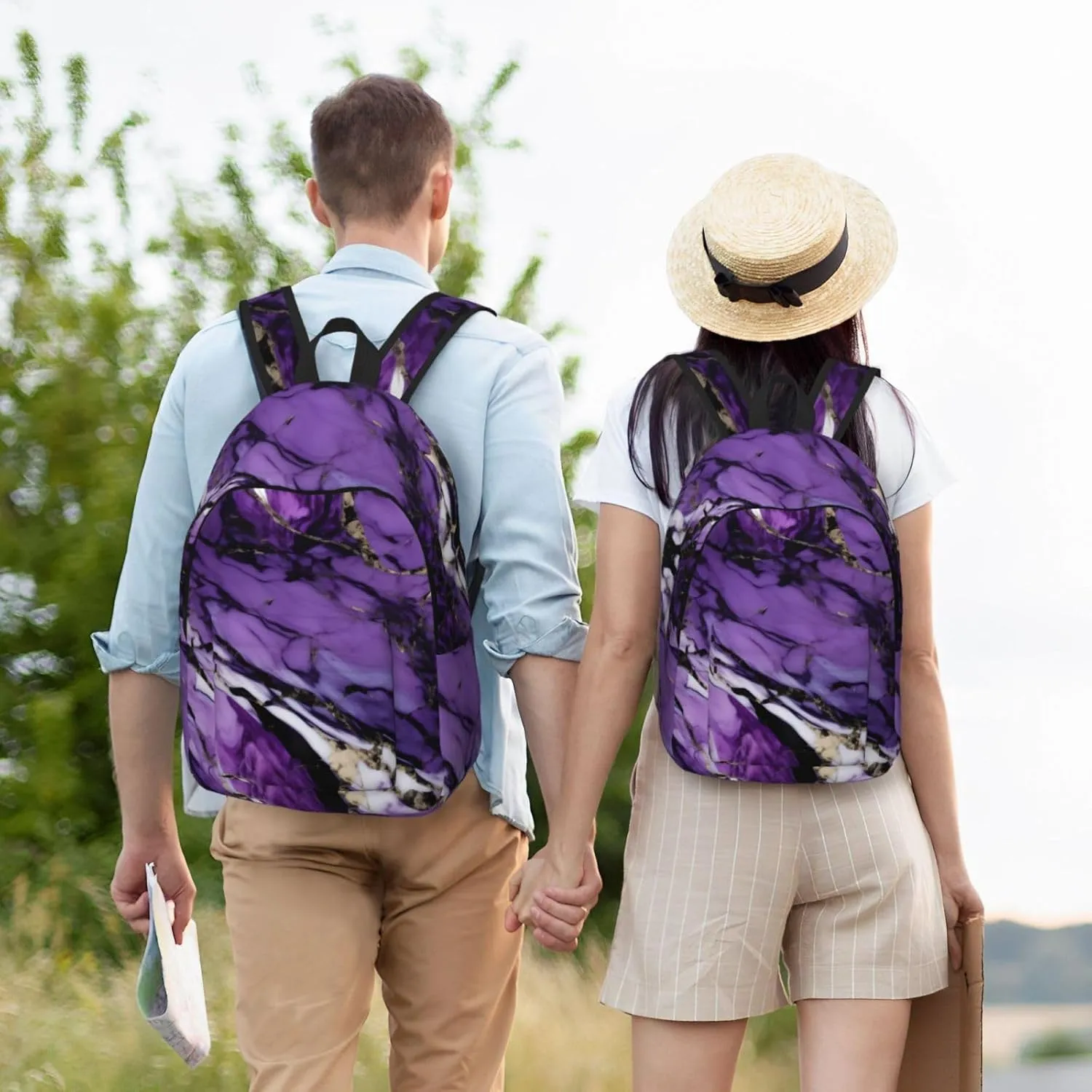 Marble Purple Print Laptop Backpack For Women Travel Canvas Bookbag For Men Outdoor Fashion Casual Daypack