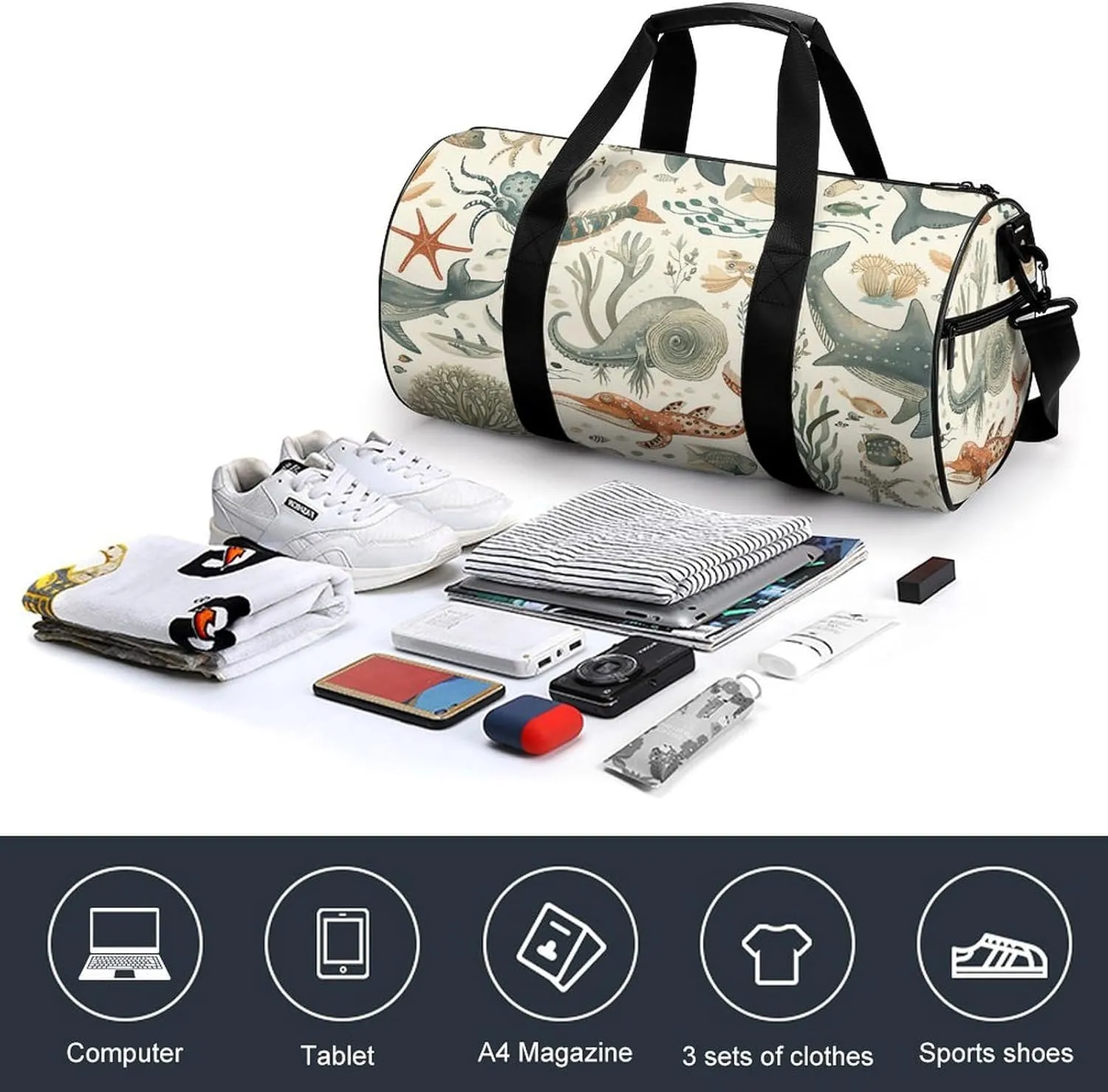 Marine Animal Pattern Gym Bag Small Travel Duffle Bag with Compartment Carry On Weekender Bag for Women Men