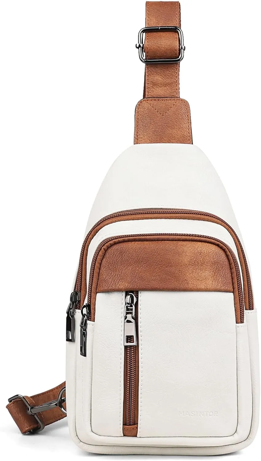 MASINTOR Sling Bag for Women - Crossbody Bags Fanny Pack with Vegan Leather - Adjustable Sling Backack for Travel Beige Brown