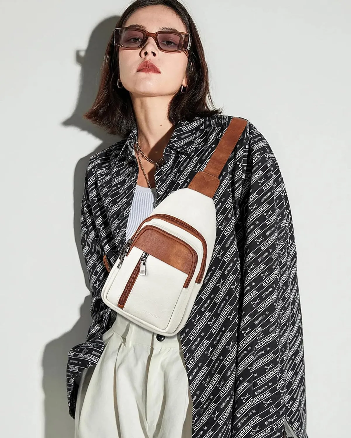 MASINTOR Sling Bag for Women - Crossbody Bags Fanny Pack with Vegan Leather - Adjustable Sling Backack for Travel Beige Brown