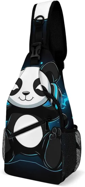 Men & Women Travel Backpack Camping Outdoor Bag, Black And White Panda Animal Headphones Music Cute Panda Sling Bag Backpack Backpacking for Bicycle Sport Hiking Travel Camping - Compact Bookbag