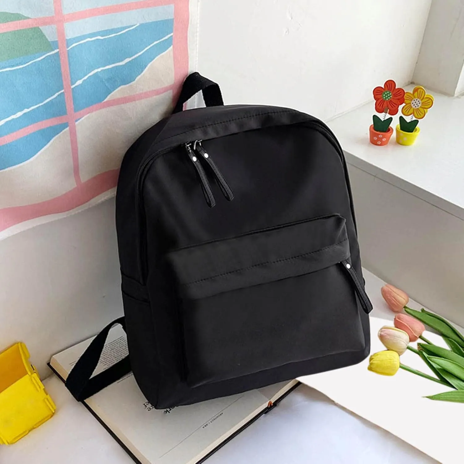 Men And Women Adult Fashion Solid Color Nylon Zipper Large Capacity Student Backpack Backpack for Men (Black, One Size)