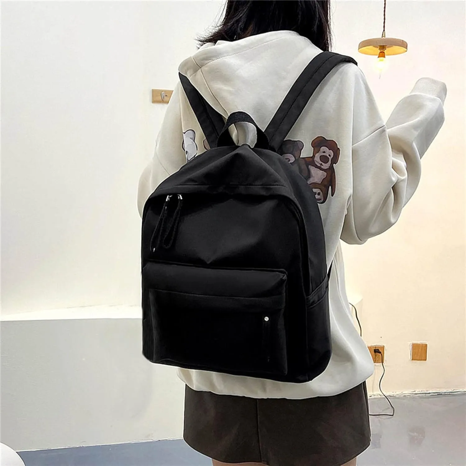 Men And Women Adult Fashion Solid Color Nylon Zipper Large Capacity Student Backpack Backpack for Men (Black, One Size)