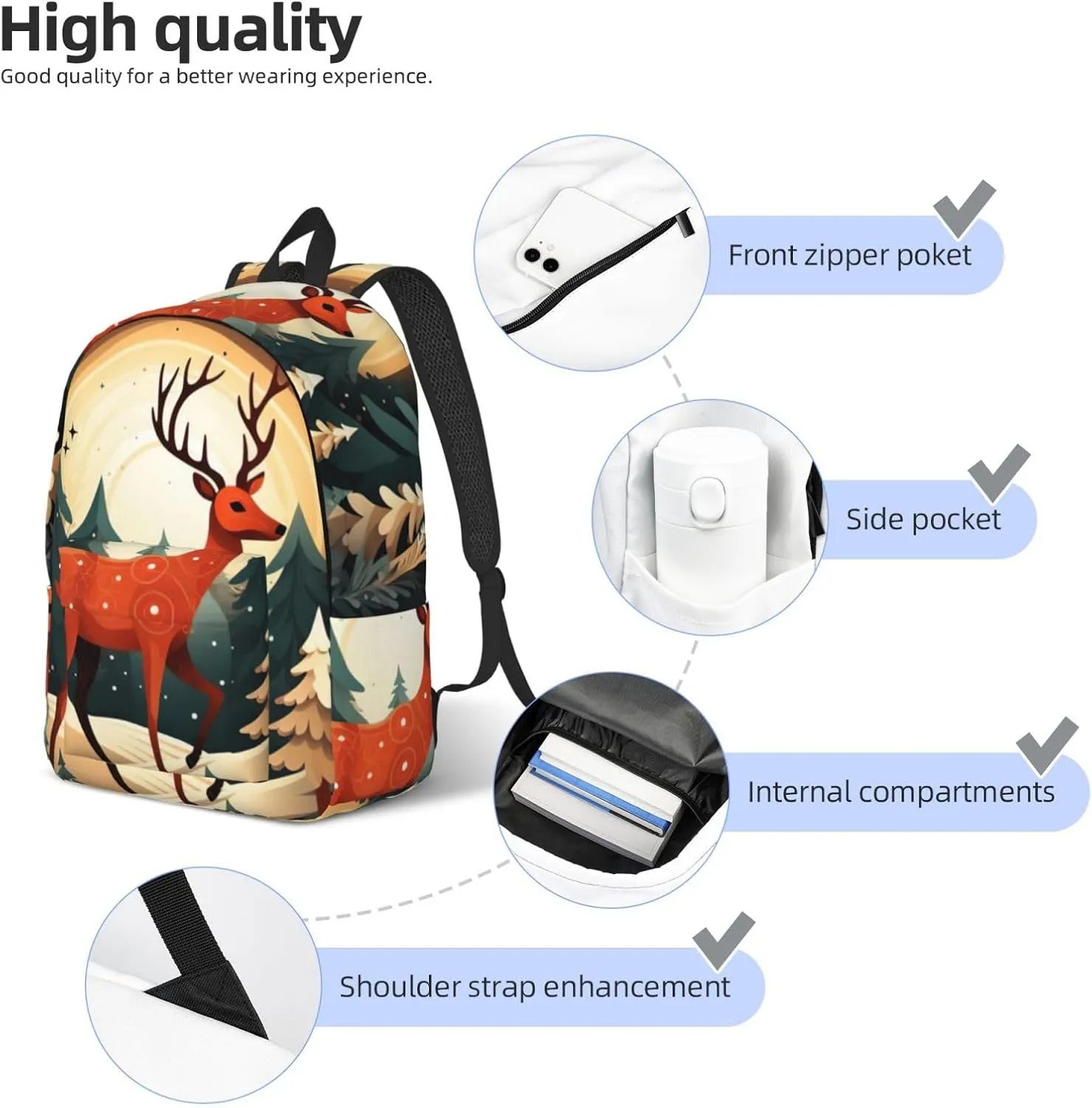 Merry Christmas Deer Canvas Casual Lightweight Duffel Bag, Fashion Duffel Bag, Unisex Travel Backpack