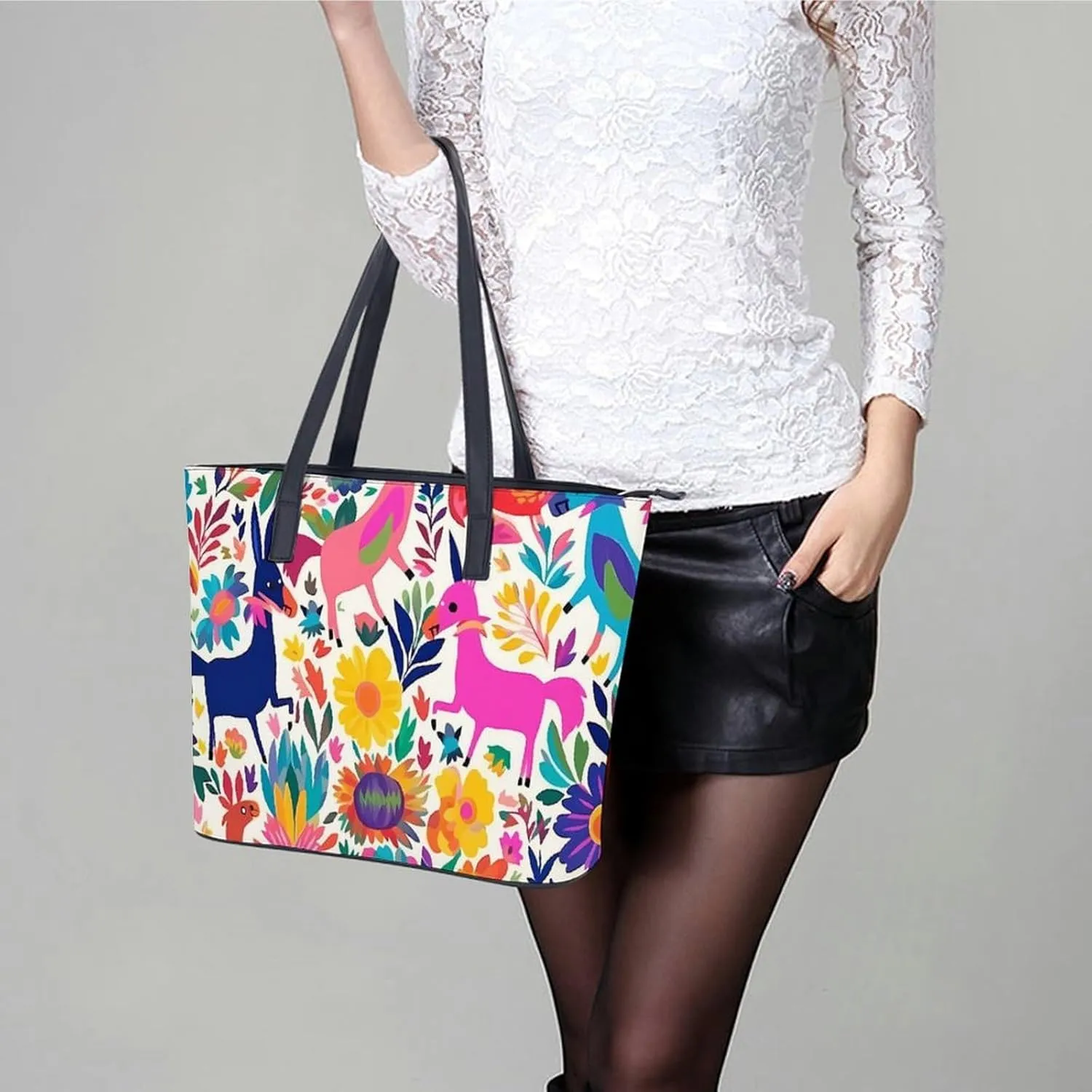 Mexican Otomi Animals Bag Purse Handbag for Women Top Handle Satchel Shoulder with Zipper Tote Bags Large