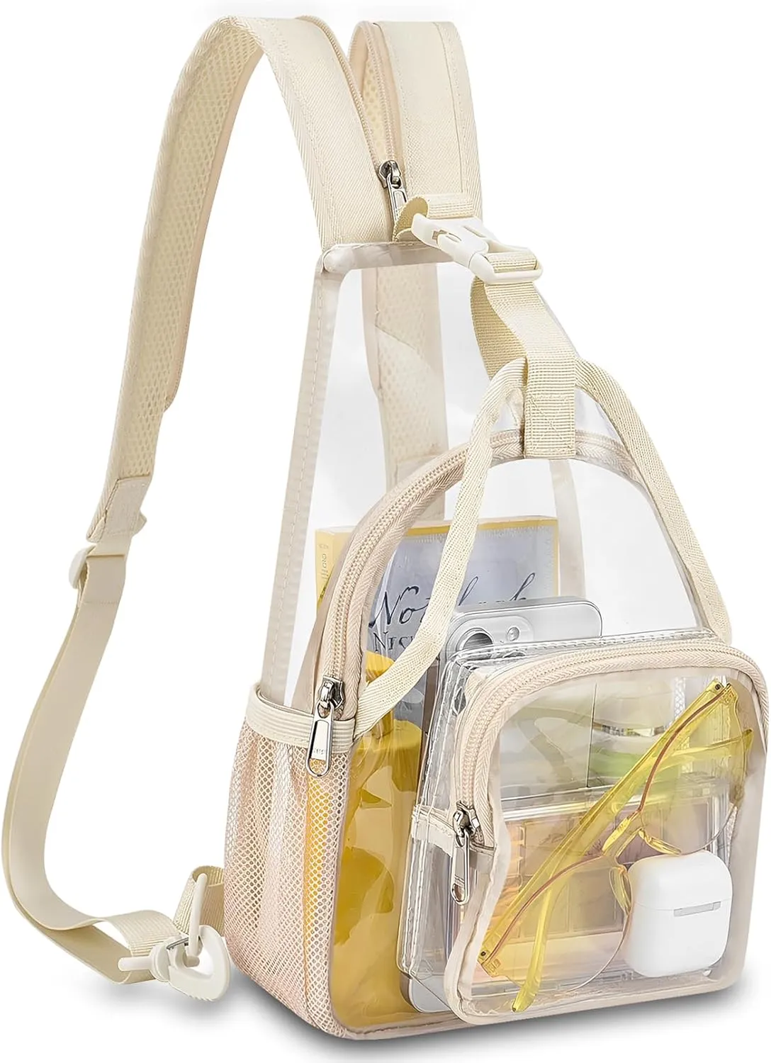 Mildbeer Mini Clear Backpack for Women - 2-in-1 Slim Sling & Shoulder Bag, Stadium Approved Clear Festival Purse for Concerts & Daily, Beige