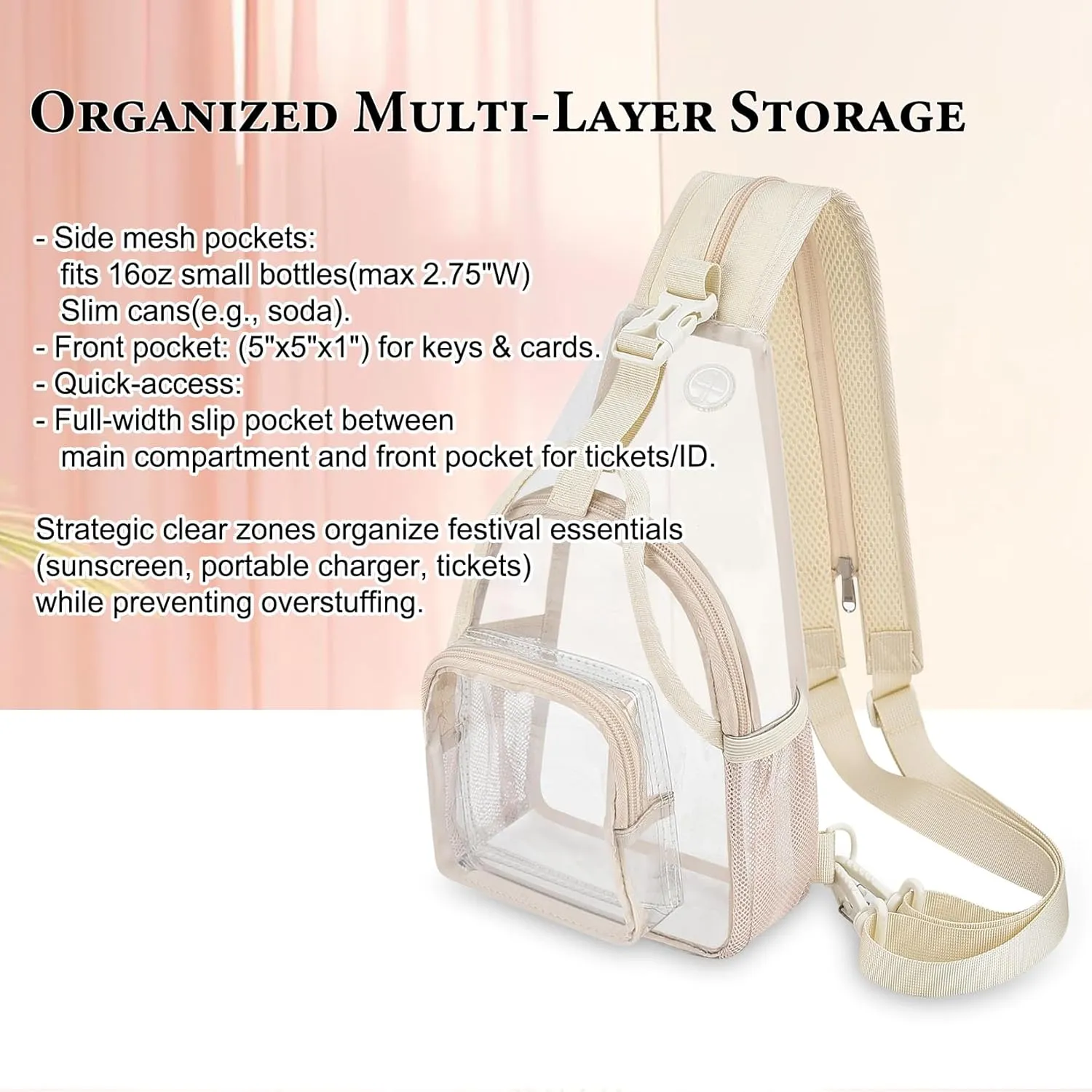 Mildbeer Mini Clear Backpack for Women - 2-in-1 Slim Sling & Shoulder Bag, Stadium Approved Clear Festival Purse for Concerts & Daily, Beige