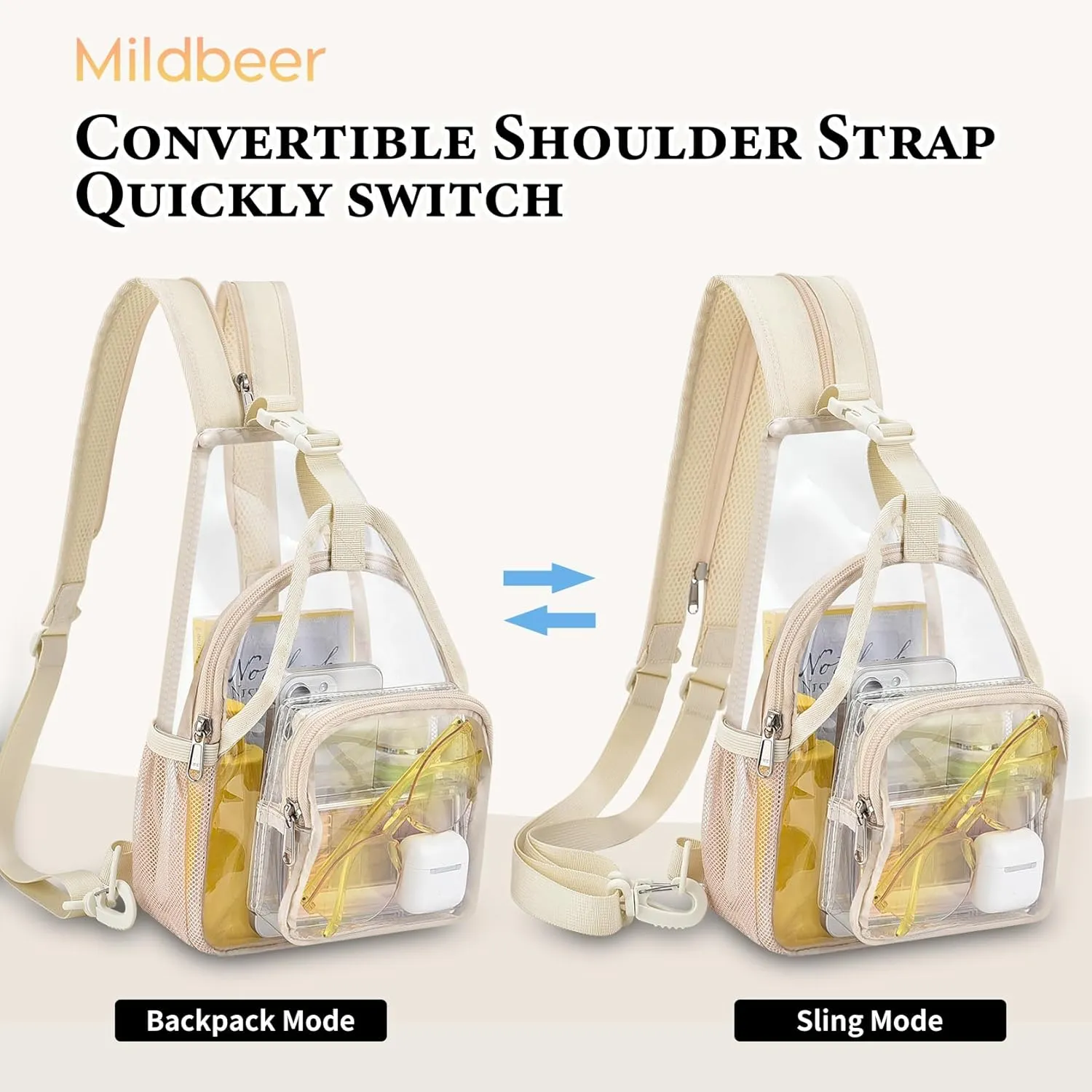 Mildbeer Mini Clear Backpack for Women - 2-in-1 Slim Sling & Shoulder Bag, Stadium Approved Clear Festival Purse for Concerts & Daily, Beige
