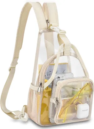 Mildbeer Mini Clear Backpack for Women - 2-in-1 Slim Sling & Shoulder Bag, Stadium Approved Clear Festival Purse for Concerts & Daily, Beige