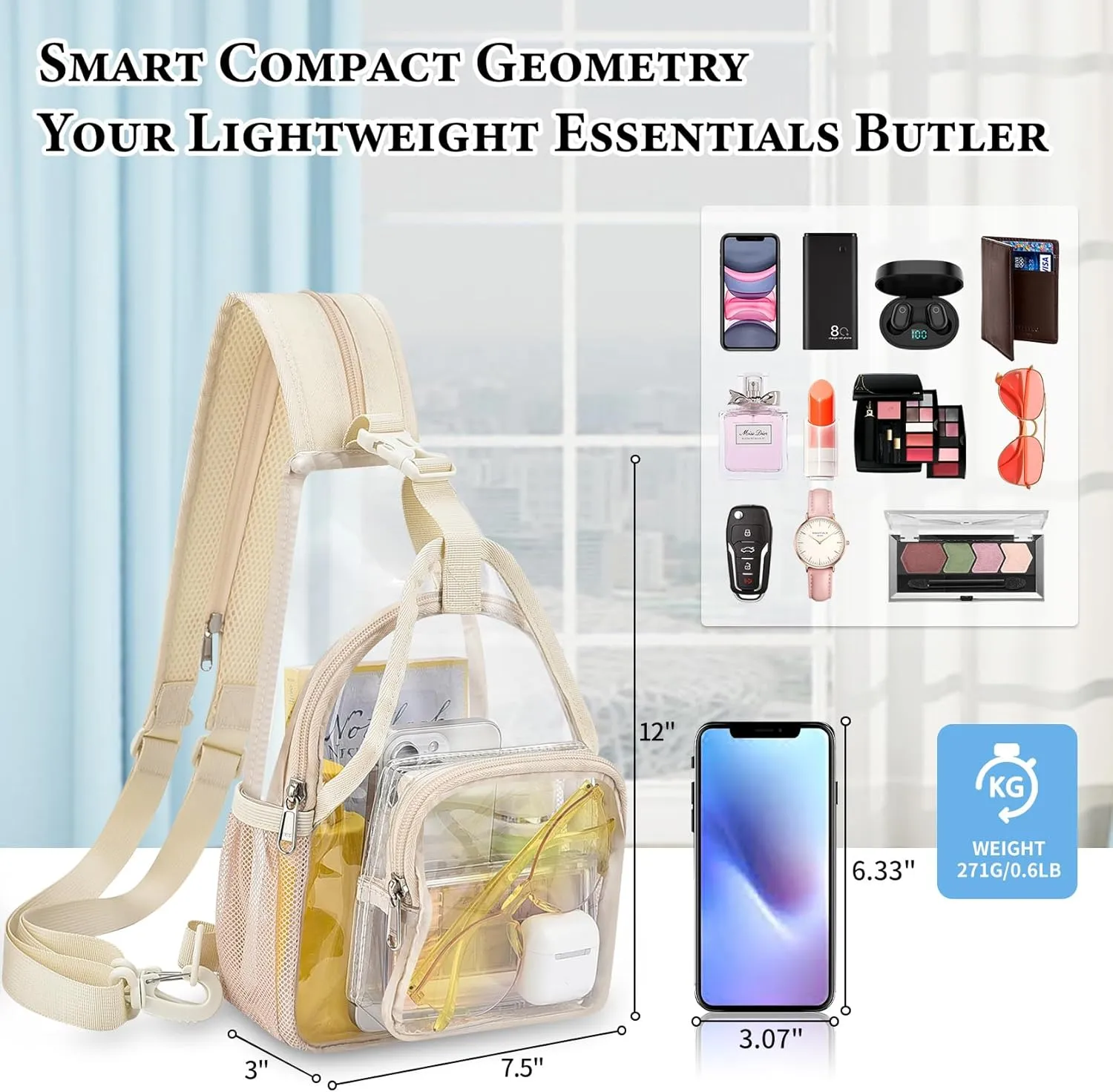 Mildbeer Mini Clear Backpack for Women - 2-in-1 Slim Sling & Shoulder Bag, Stadium Approved Clear Festival Purse for Concerts & Daily, Beige