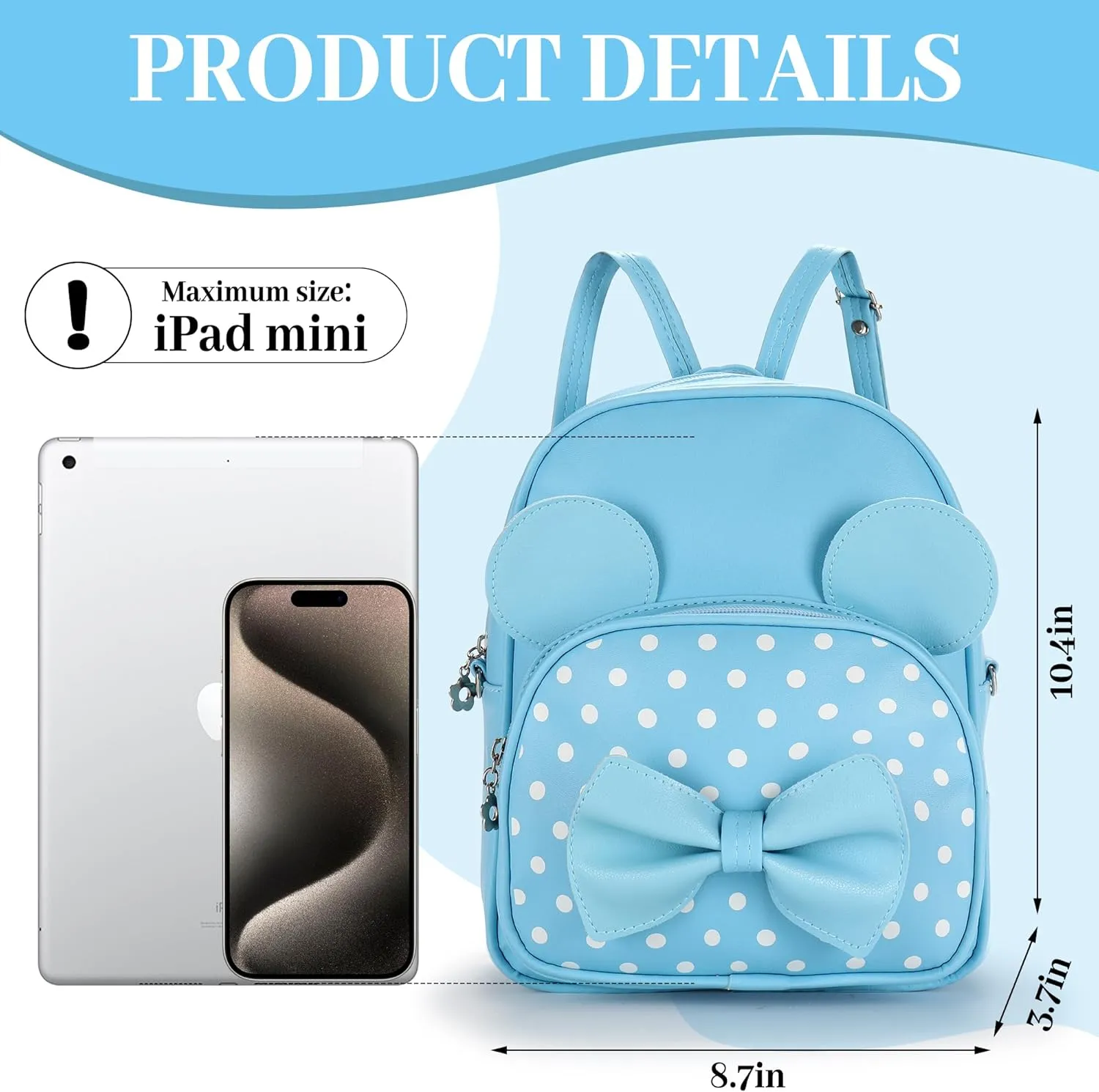Mini Backpack for Girls Women Cute Bowknot Polka Dot Small Mouse Backpack Purse Shoulder Bag Casual Travel Daypacks (Blue)