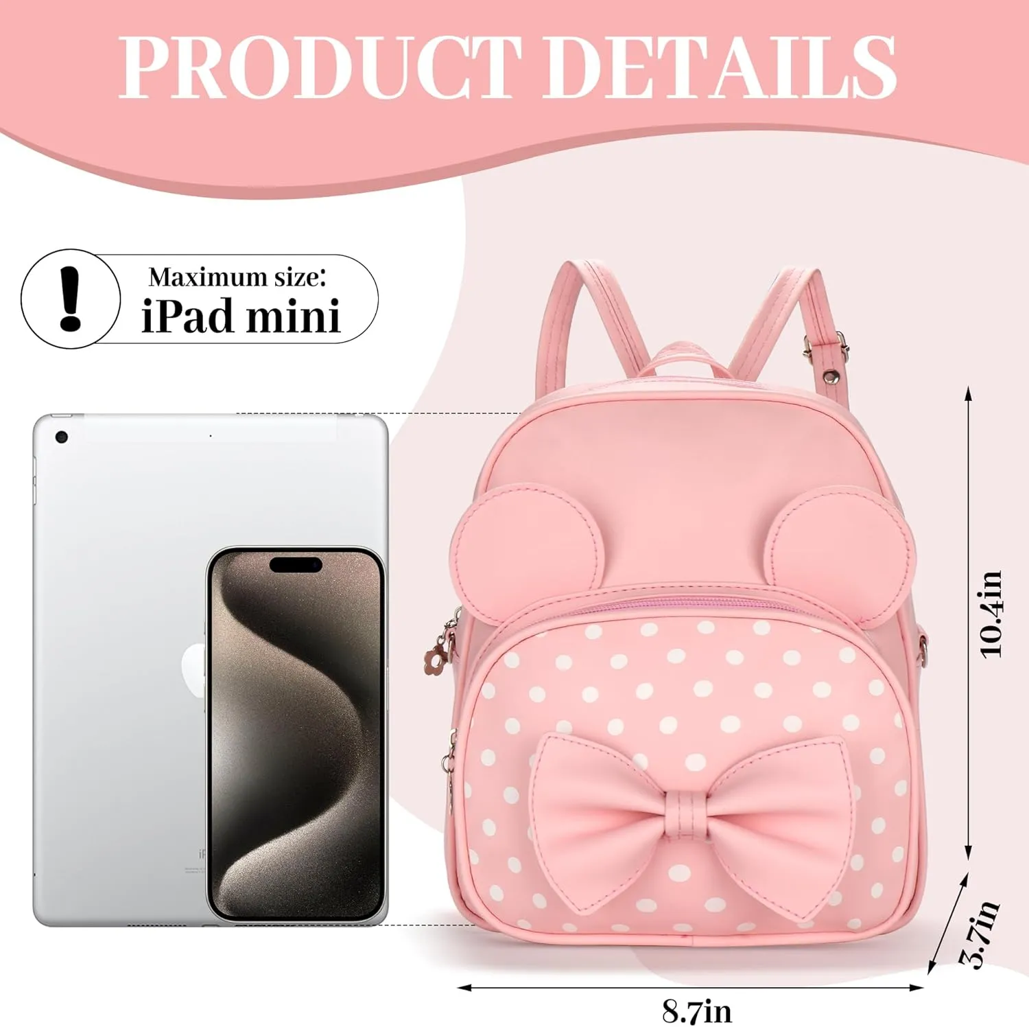 Mini Backpack for Girls Women Cute Bowknot Polka Dot Small Mouse Backpack Purse Shoulder Bag Casual Travel Daypacks (Pink)
