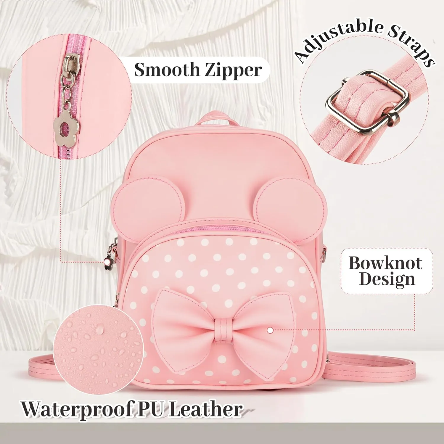 Mini Backpack for Girls Women Cute Bowknot Polka Dot Small Mouse Backpack Purse Shoulder Bag Casual Travel Daypacks (Pink)