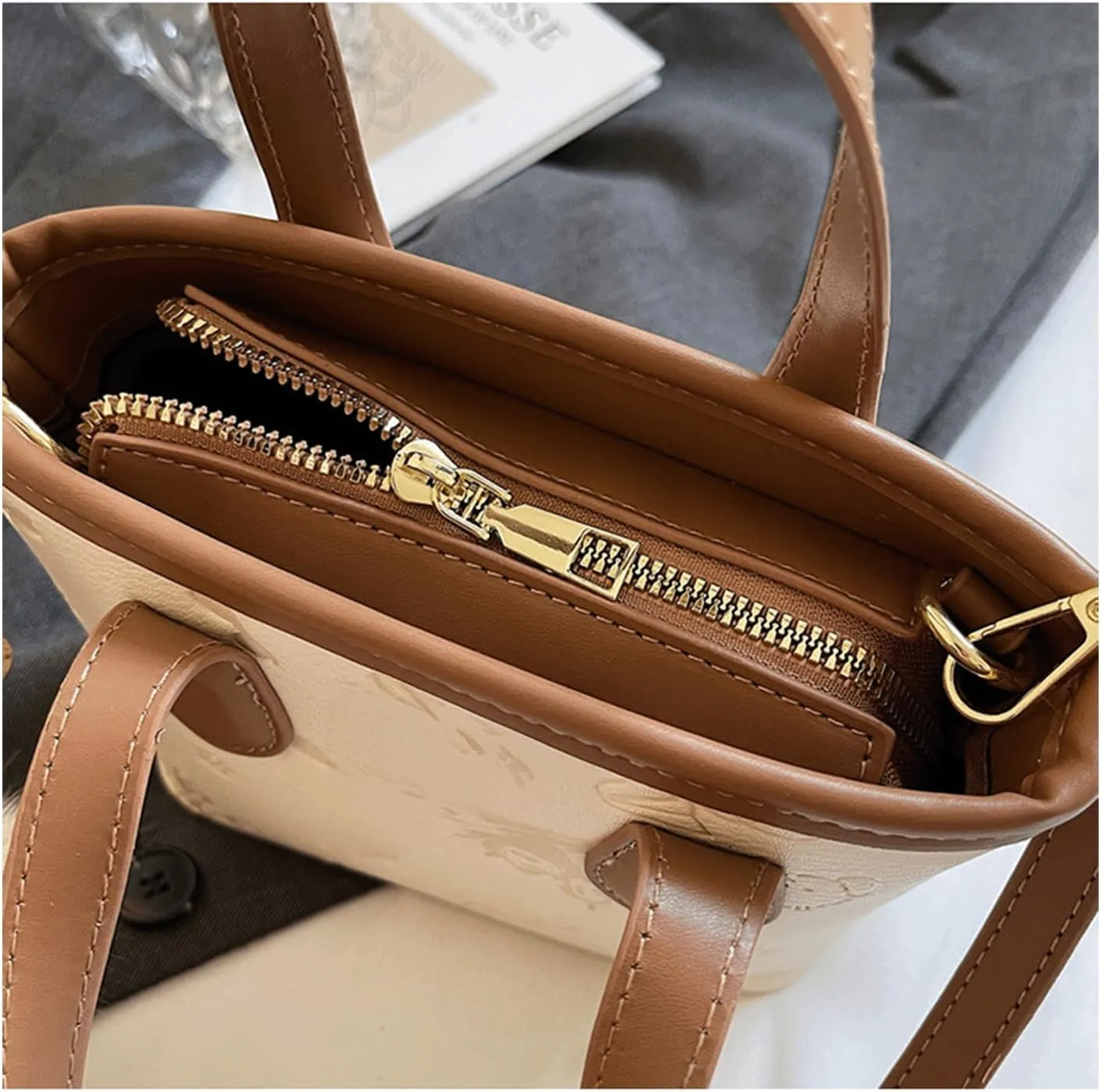 Mini Bucket Bag Embossed Leather Bucket Purse Vintage Purse Bag with Plush Charm Crossbody Shoulder Handbag