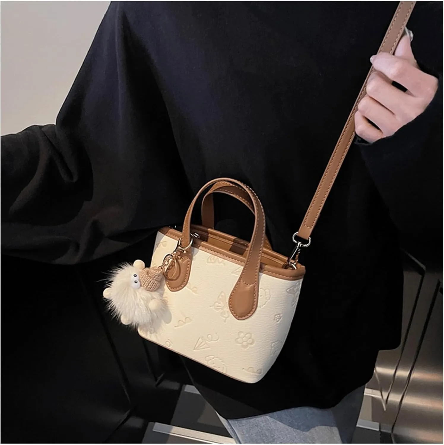 Mini Bucket Bag Embossed Leather Bucket Purse Vintage Purse Bag with Plush Charm Crossbody Shoulder Handbag
