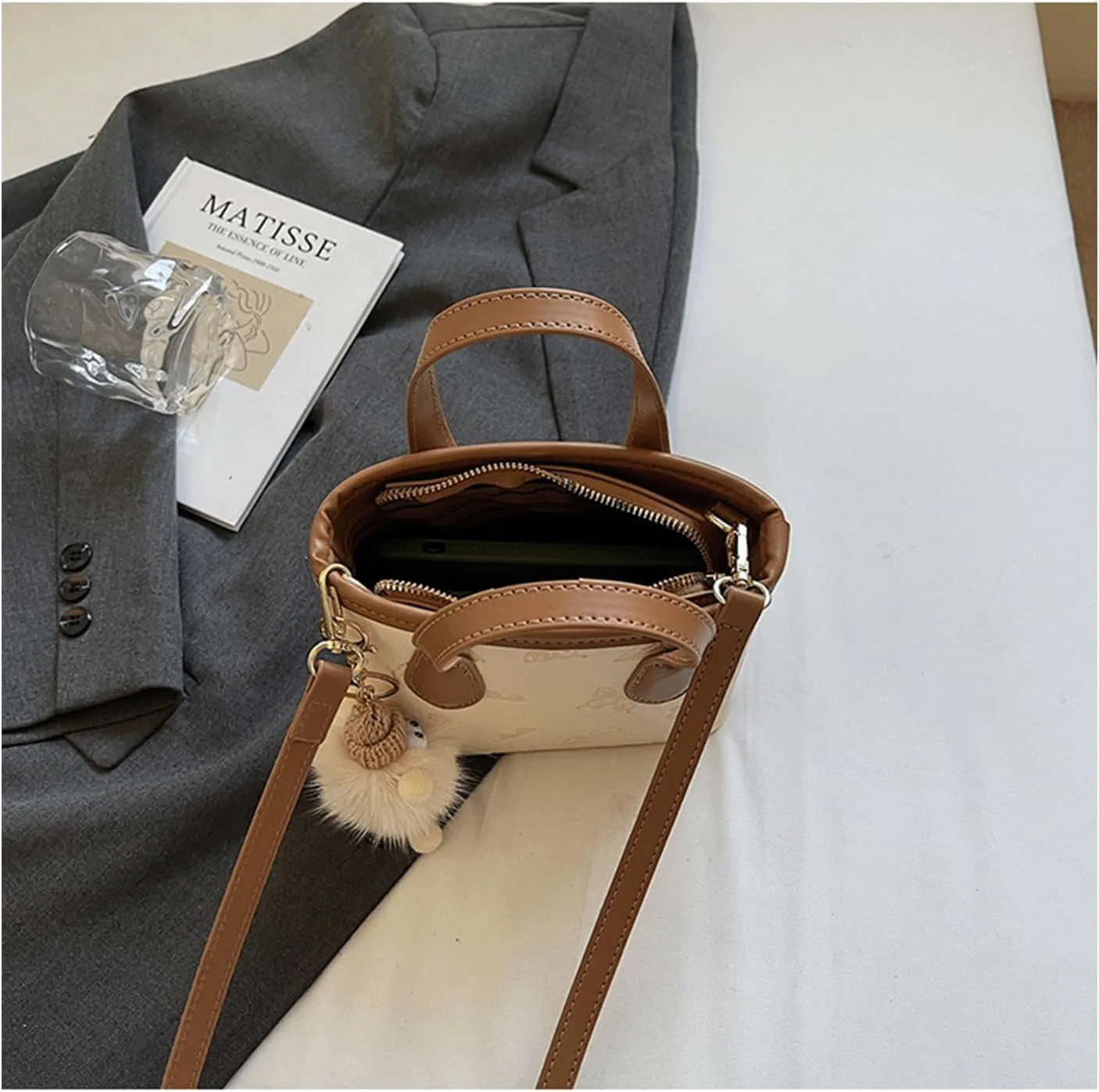 Mini Bucket Bag Embossed Leather Bucket Purse Vintage Purse Bag with Plush Charm Crossbody Shoulder Handbag