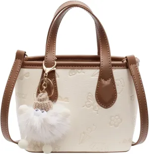 Mini Bucket Bag Embossed Leather Bucket Purse Vintage Purse Bag with Plush Charm Crossbody Shoulder Handbag