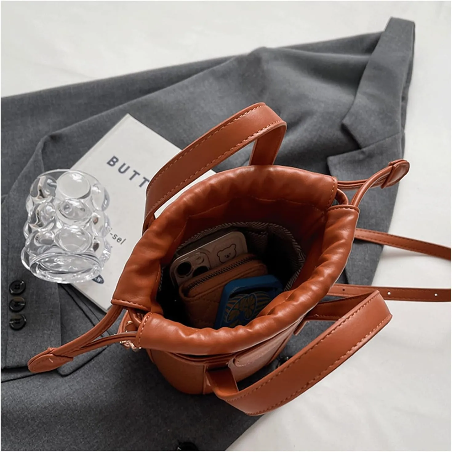 Mini Bucket Bag Leather Bucket Purse Vintage Purse Handbag with Drawstring Closure Small Handbag Shoulder Crossbody Bag