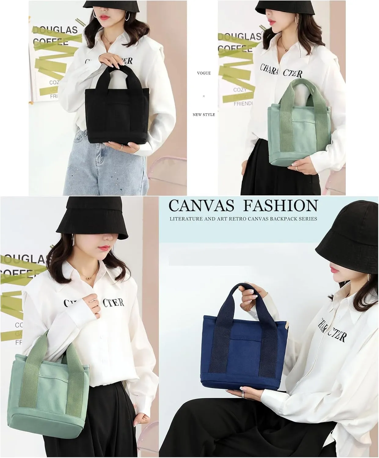 Mini Canvas Tote Bag & Crossbody Bags, Everyday Work Handbag, Small Pockets With Zipper Lightweight Shoulder Bag