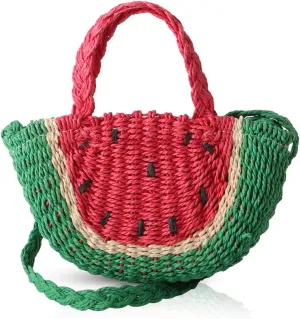 Mini Semi-circle Rattan Straw Handbags, Hand-woven Women Summer Retro Straw Tote Bag Watermelon Design Shoulder Bag Crossbody Bag Round Handle