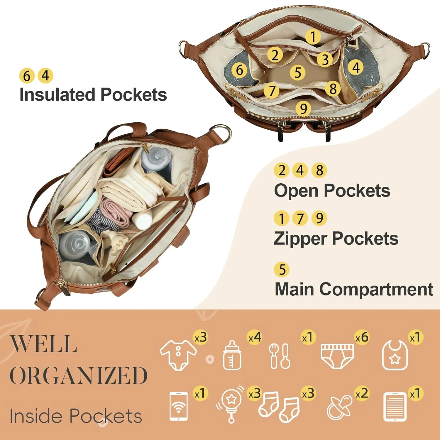 miss fong Diaper Bag Tote Leather Diaper Bag Backpack Large Tote Bag,Baby Diaper Bag for Women,Diaper Bag Purse with 11 Diaper Bag Organizer,Changing Pad, Stroller Straps,4 Insulated Pockets